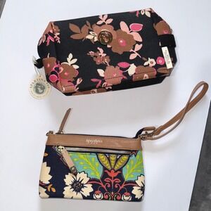 Spartina 449 Cosmetic Case Wristlet‎ 2 Pc Bundle Multi Floral Linen Leather